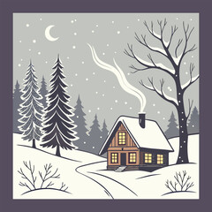 Wooden cabin on a mountains at night winter landscape