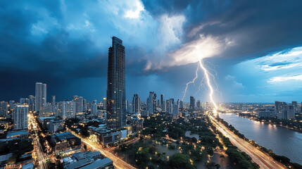 Dramatic lightning storm over city skyline with dark clouds and illuminated buildings