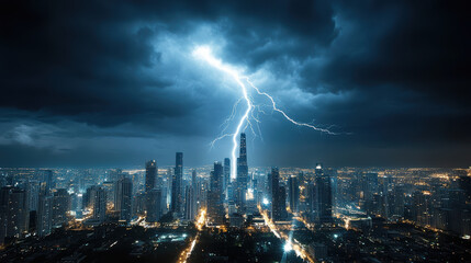 Dramatic lightning storm over city skyline, illuminating buildings at night