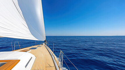Sailing yacht gliding through calm blue ocean under clear sky, creating serene atmosphere