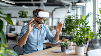 Engaged man wearing virtual reality headset in modern workspace, enjoying immersive experience
