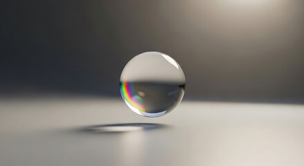 Refractive sphere casting rainbow spectrum, suspended in neutral ambiance