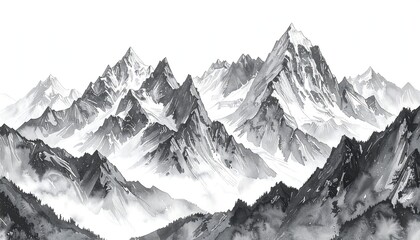 Monochrome mountain range, snow-capped peaks
