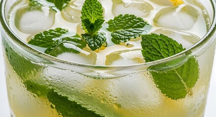 Refreshing mojito with fresh mint leaves and ice cubes in a glass
