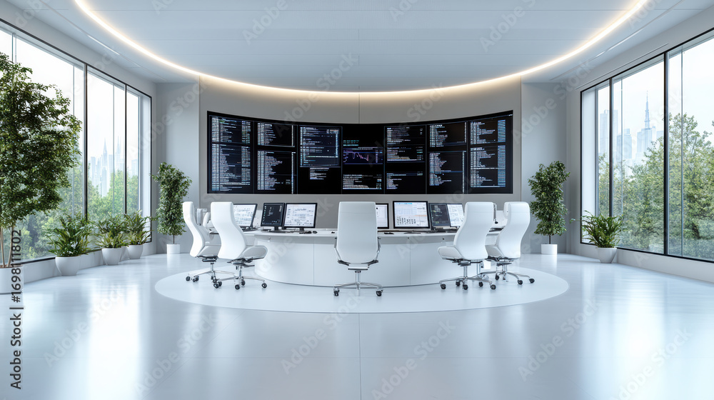 Poster modern mission control center with advanced technology and large screens displaying data