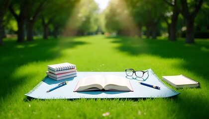 A peaceful garden with a clean mat spread on the grass, an open book placed on the mat, surrounded by study materials like notebooks, pens, and glasses, calm atmosphere, sunlight filtering through tre