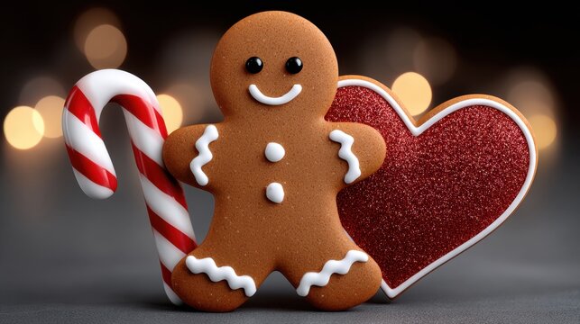 Festive gingerbread man and heart cookie with candy cane create a delightful holiday atmosphere