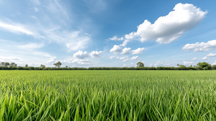 Lush green rice field under bright blue sky with fluffy clouds, creating serene atmosphere
