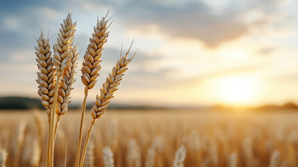 Fototapeta premium Golden wheat stalks sway gently in serene field at sunset, creating peaceful atmosphere