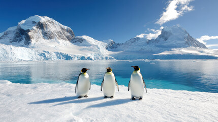 Emperor penguins standing on icy shore with stunning mountain backdrop, showcasing nature beauty
