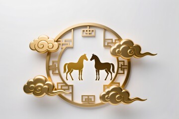 Fototapeta premium A surreal, simple 3d artwork of a Couple Golden horse silhouette inside round Asian window frame with golden clouds, white base