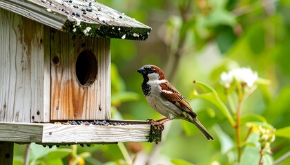 Sparrow at birdhouse in garden