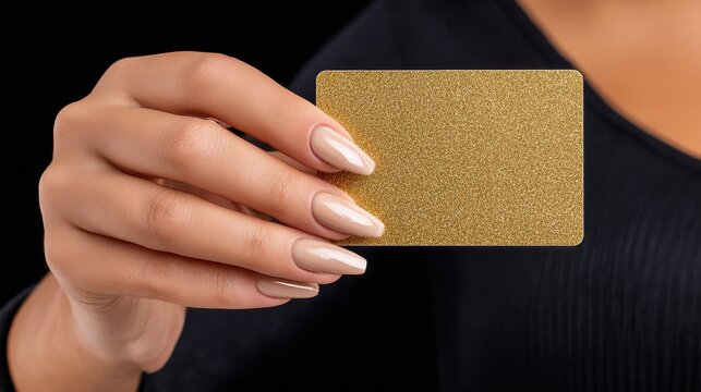 Elegant hand showcasing a golden glitter credit card against a dark backdrop, capturing luxury and sophistication in a moment of personal finance