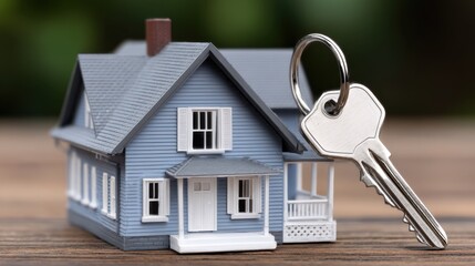 Exploring the symbolism of homeownership and security through a miniature house and key arrangement in a tranquil outdoor setting