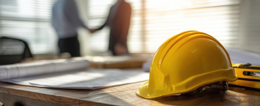 The yellow hard hat on wooden desk with blueprints and a business handshake