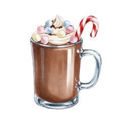 Hot chocolate with marshmallows and candy cane in glass mug