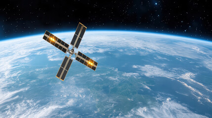 Satellite orbiting above Earth with glowing solar panels, showcasing technology and space