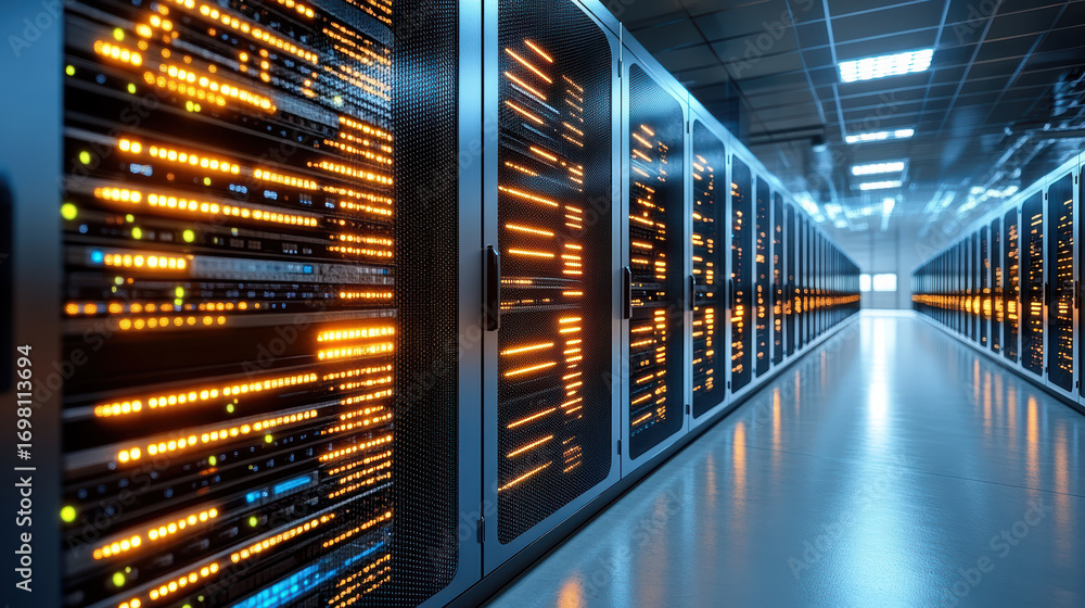 Poster high tech server racks illuminated with glowing data lights in modern data center