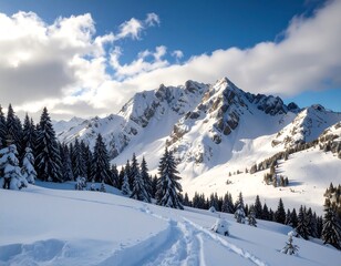 Snowy mountain vista with pine trees