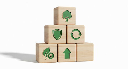 Obraz premium Eco-friendly building blocks with sustainability symbols promoting environmental awareness and green initiatives in a clean presentation