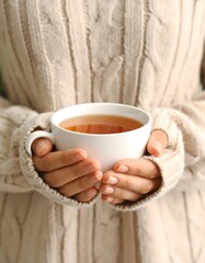 Cozy Hands Holding Warm Tea Cup in a Creamy Cable Knit Sweater