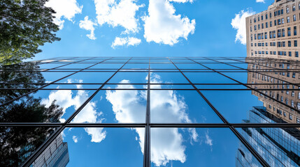 Modern skyscraper reflecting clouds and trees in glass windows, creating stunning view