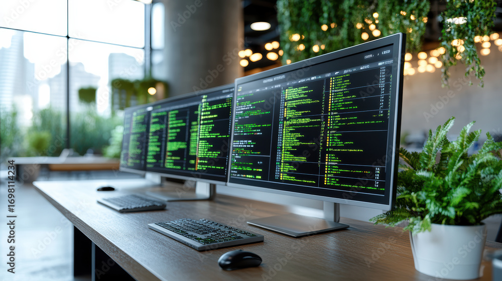 Poster modern workspace with multiple monitors displaying code, greenery, and urban view