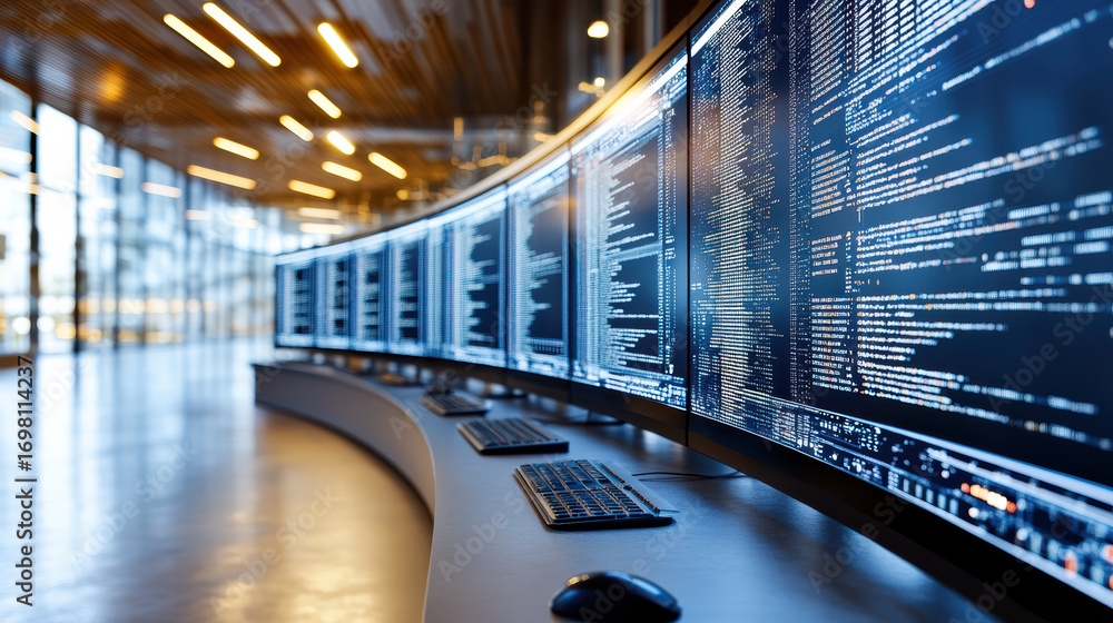Poster high tech control center with multiple screens displaying data and code, showcasing modern