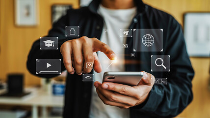 Person using smartphone with digital icons floating around their fingers