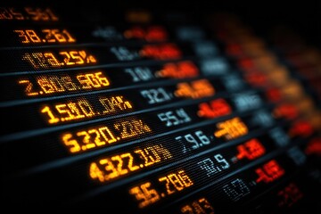 Close-up of a digital display showing fluctuating financial data in glowing orange/red on black
