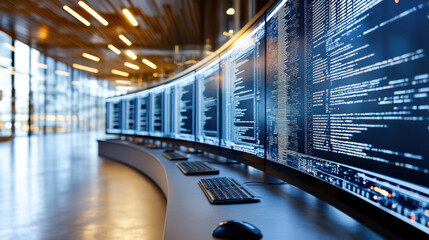 High tech control center with multiple screens displaying data and code, showcasing modern