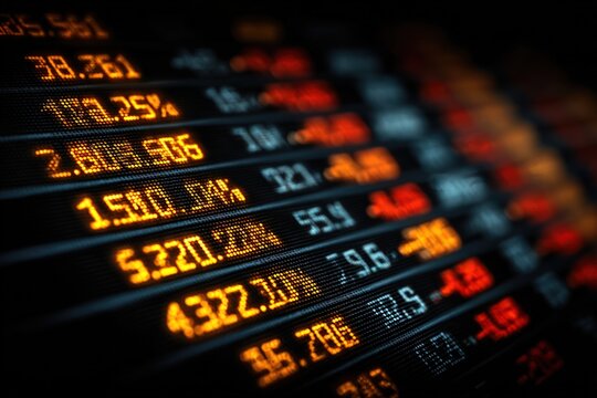 Close-up of a digital display showing fluctuating financial data in glowing orange/red on black