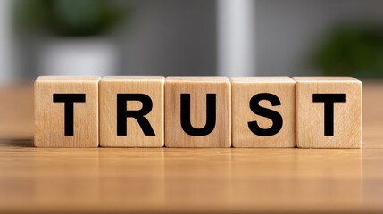 Exploring the theme of trust through wooden blocks arranged on a table in a serene indoor setting during a bright afternoon