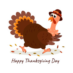 Happy Thanksgiving! Vector illustration of a running turkey. Humorous greeting card, party invitation or poster