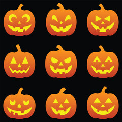 Halloween Pumpkins Collection of Carved Jack-o'-Lanterns with Various Expressions