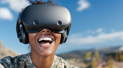 Virtual reality headset soldier training smiling outdoor technology immersive experience joy