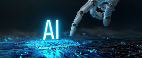 The Robotic Hand Reaching Toward Glowing AI Letters Over Futuristic Circuit Board