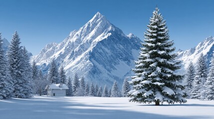 Fototapeta premium Delightful winter landscape celebrating Christmas with snow-capped mountains and a cozy cabin nestled among evergreen trees