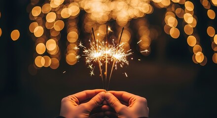 Sparkling celebration with bright festive sparklers held by hands against warm bokeh lights