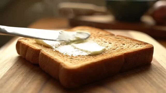 Close-up of Freshly Toasted Bread with Melting Butter Being Spread by a Knife on a Wooden Cutting Board