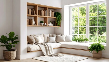 Cozy Reading Nook with Bookshelf, Pillows, Plants, and Natural Light