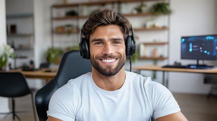 Smiling man with headphones in modern workspace, enjoying gaming or streaming experience