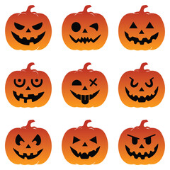 Halloween Pumpkins Collection of Carved Jack-o'-Lanterns with Various Expressions