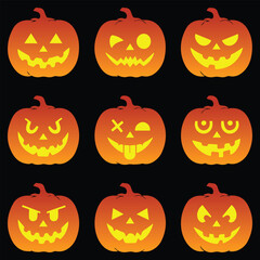 Halloween Pumpkins Collection of Carved Jack-o'-Lanterns with Various Expressions
