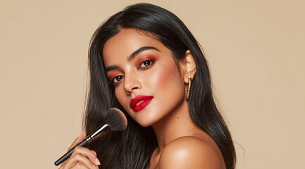 A beautiful young Indian woman with long black hair, wearing red lipstick and eye shadow, is applying blush to her cheeks while holding a makeup brush against a beige background.