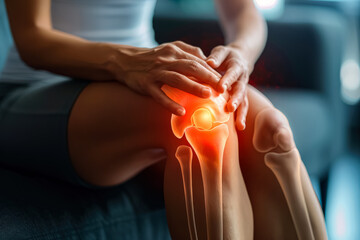 Woman experiencing knee pain while sitting on a couch, highlighting joint discomfort with a focus on the knee joint anatomy and health awareness