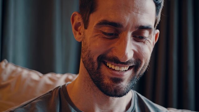 Man smiling while sitting on couch. Man in casual outfit with curtain indoors. Woman is sitting on a t-shirt with her neck relaxed. A man with a smile seated on a sofa lifestyle.
