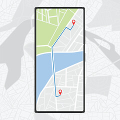 Smartphone map app with GPS navigation and red marker location pin point on screen and city map on background