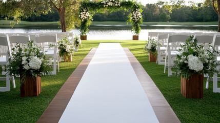 Obraz premium Elegant outdoor wedding setup featuring white aisle, floral arrangements, and chairs by serene