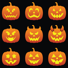Halloween Pumpkins Collection of Carved Jack-o'-Lanterns with Various Expressions